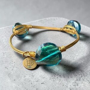 Bourbon and Boweties Iridescent Blue Gemstone Bangle Gold Wire Wrap Bracelet